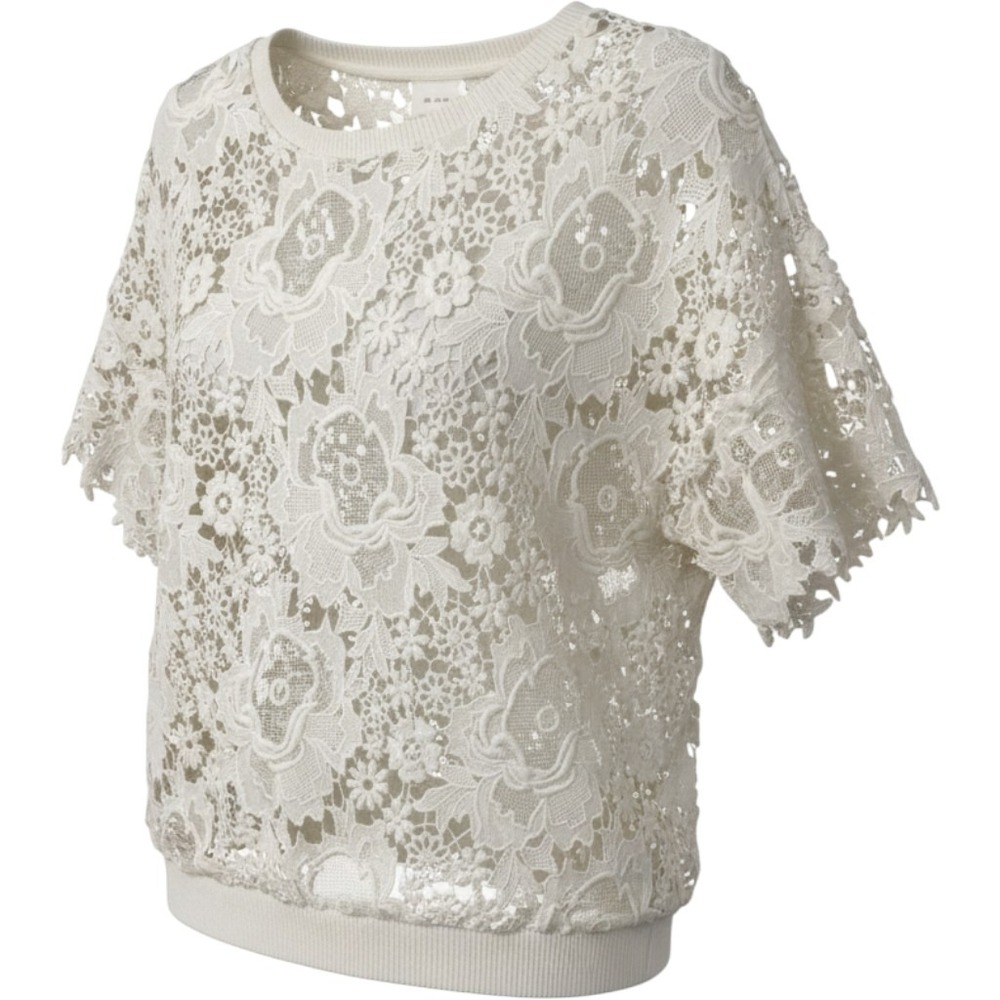 Dolan Left Coast Collection Ivory Floral Lace Top Short Sleeve Ribbed Trim M